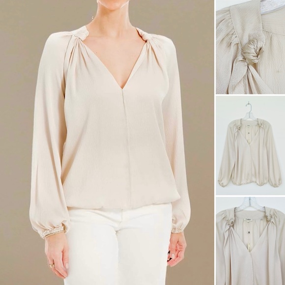 Max Studio Matte Satin Blouse Knotted Detail Balloon Sleeve V-Neck Pullover - Picture 1 of 12